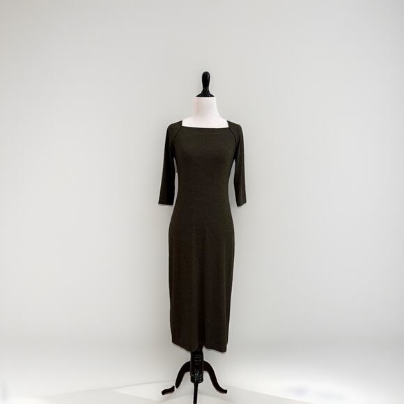 Vintage 90s Petite Dress Square Neck Column Stretch Dark Green Small Modest Midi - Picture 1 of 11